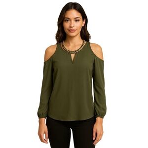 J FOR JUSTIFY Women’s Dark Olive Green Cold Shoulder Blouse Gold Chain Size M